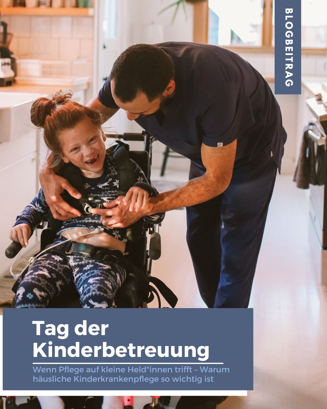Auf dem Bild sieht man ein Mädchen im Rollstuhl und eine Person, die sich zu ihr runterbeugt. Symbolisch für: Häusliche Kinderkrankenpflege