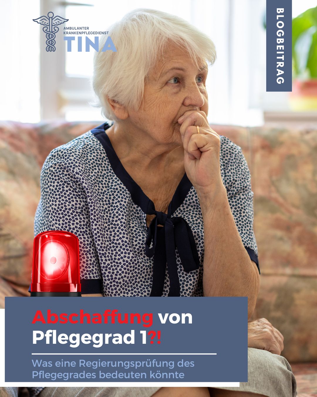 Das Bild zeigt eine alte Frau, die nachdenklich und gestresst in die Luft starrt, symbolische für: Pflegekrise Die geplante Abschaffung von Pflegegrad 1 – Ein alarmierender Spar-Hammer