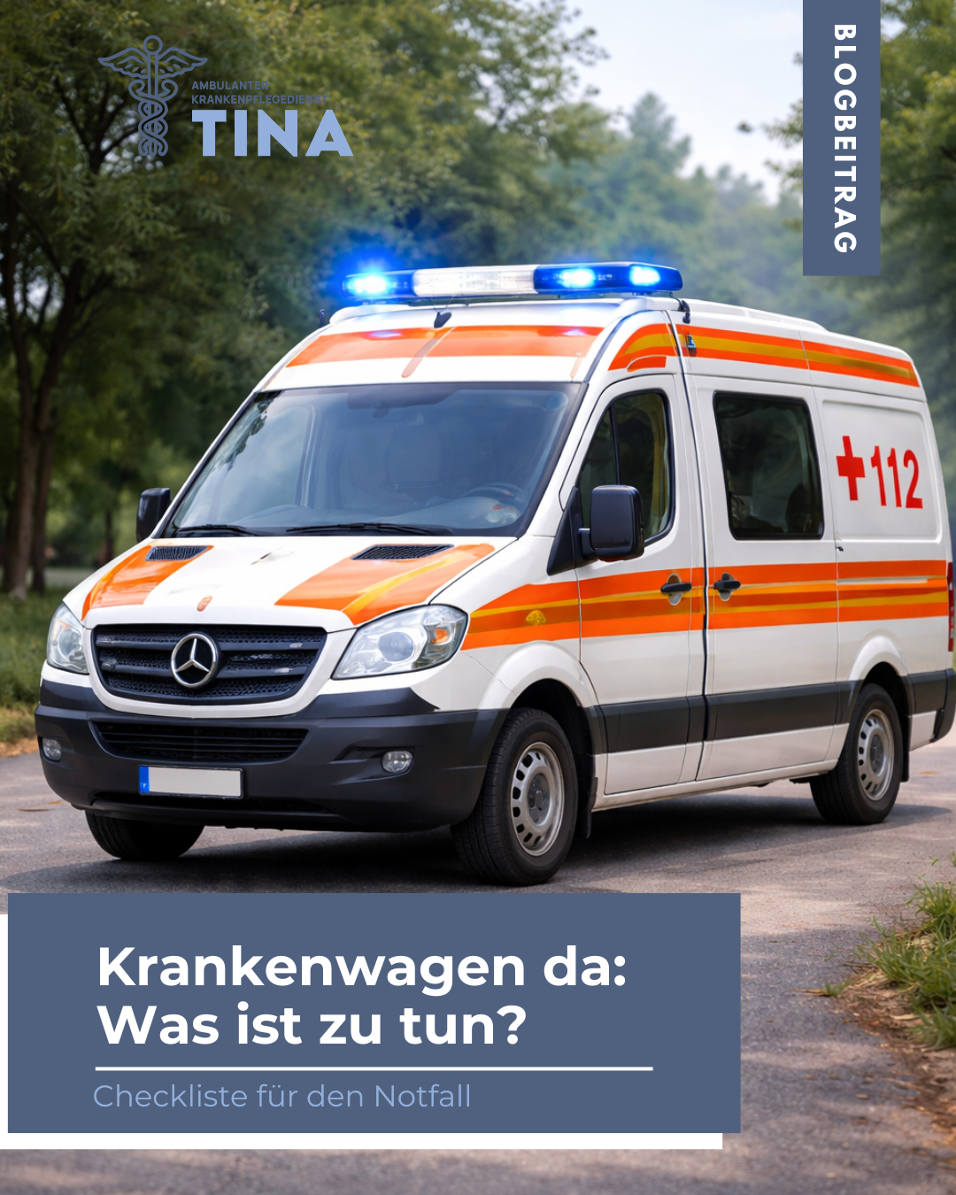 Auf dem Bild sieht man einen Krankenwagen mit Blaulicht, symbolisch für Krankenwagen da: Was ist zu tun?