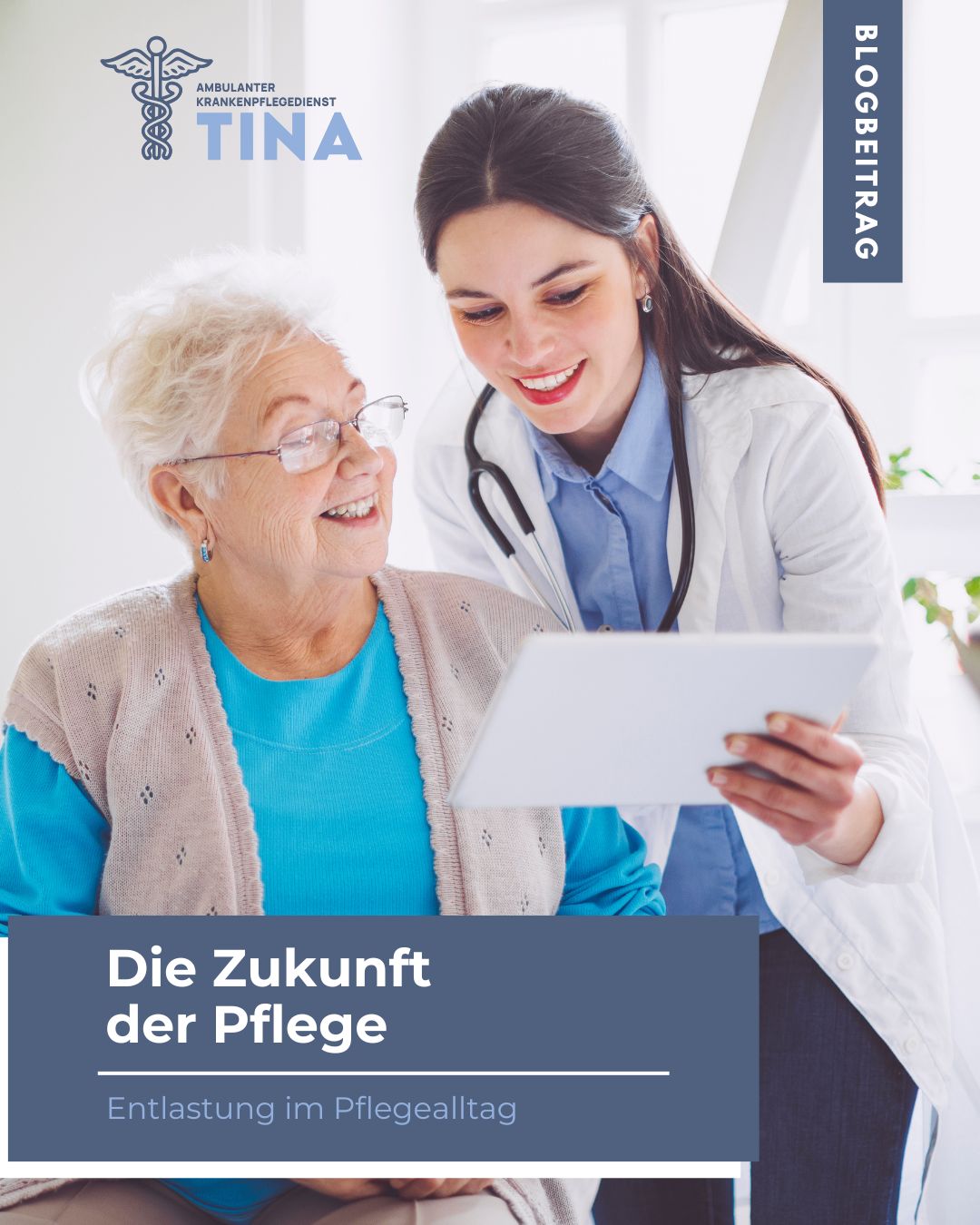 Das Bild zeigt eine Ärztin mit einem Tablet in der Hand, die einer Patientin etwas zeigt, symbolisch für Die Zukunft der Pflege: Entlastung im Pflegealltag mit Menschlichkeit und moderner Unterstützung.