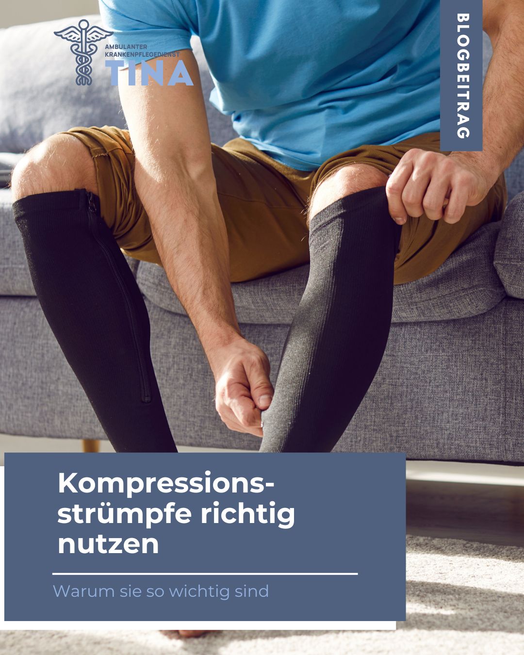 Das Bild zeigt die Beine eines älteren Mannes, der gerade Strümpfe anzieht, symbolisch für: Kompressionsstrümpfe richtig nutzen Warum sie so wichtig sind