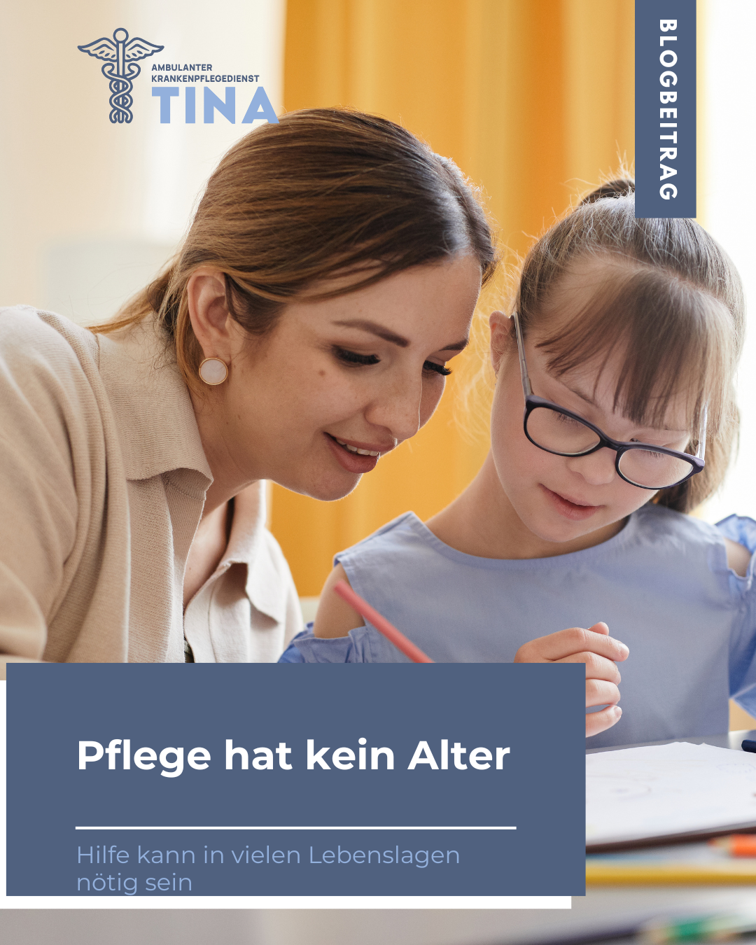 Das Bild zeigt eine Pflegekraft mit einem Kind, symbolisch für: Pflege hat kein Alter