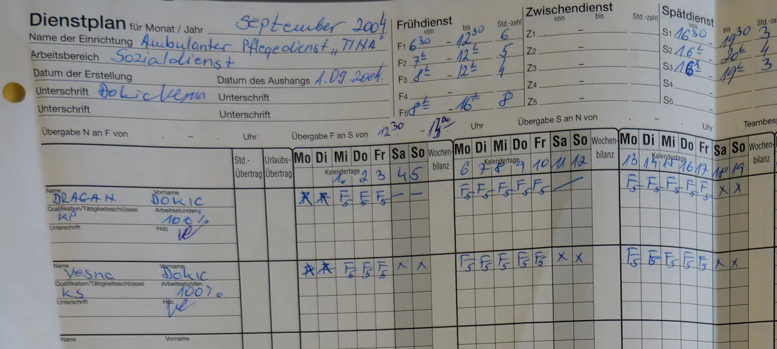 Kopf des ersten Dienstplans vom September 2004 mit den Einträgen Dragan Đokić und Vesna Đokić